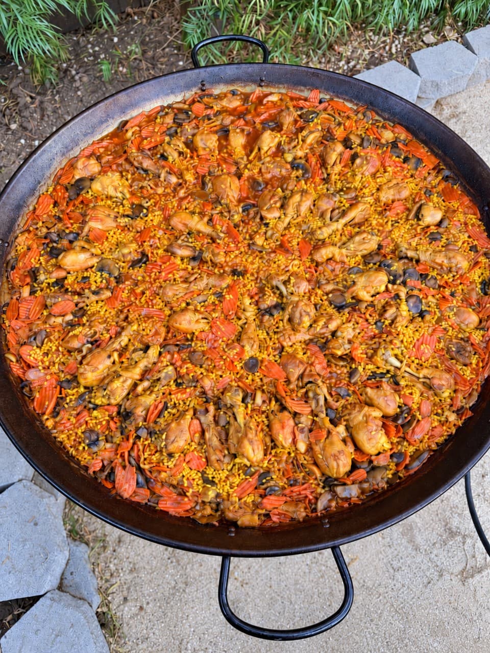 Paella with chicken and mushrooms, shot from above