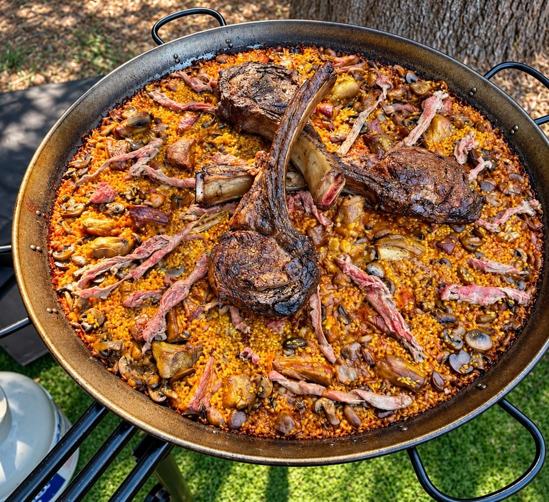 Grilled tomahawk steak sliced over a paella pan with mushrooms and eggplant